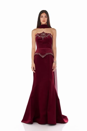 Burgundy Fishtail Embellished Evening Dress